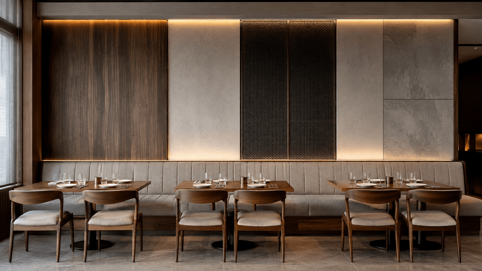 Restaurant feature wall combining dark timber, textured plaster, and a perforated metal panel above banquette seating